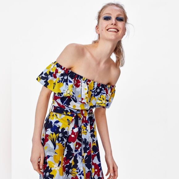 ZARA Floral Print Off The Shoulder Linen Blend Midi Dress XS - Picture 2 of 12